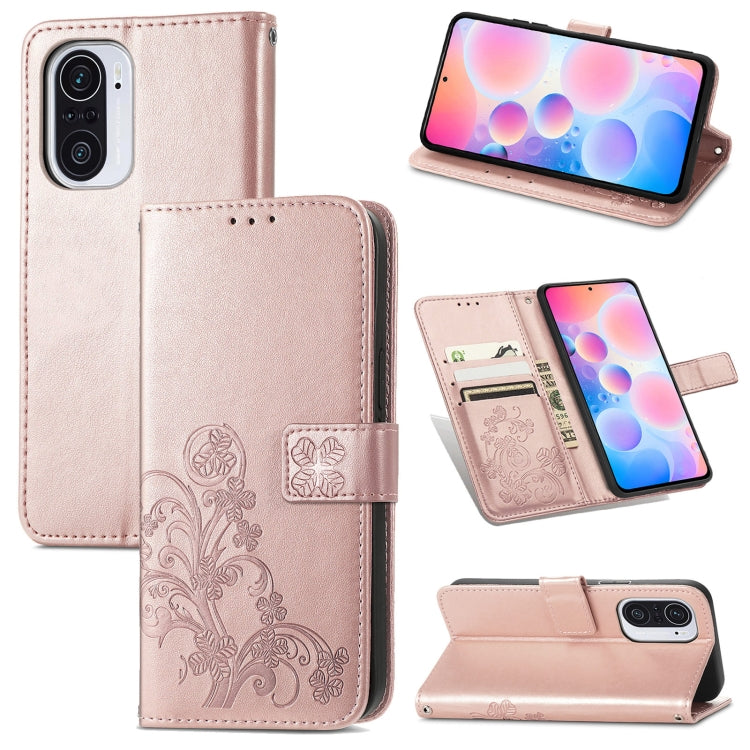 For Xiaomi Redmi K40 / K40 Pro Four-leaf Clasp Embossed Buckle Mobile Phone Protection Leather Case with Lanyard & Card Slot & Wallet & Bracket Function