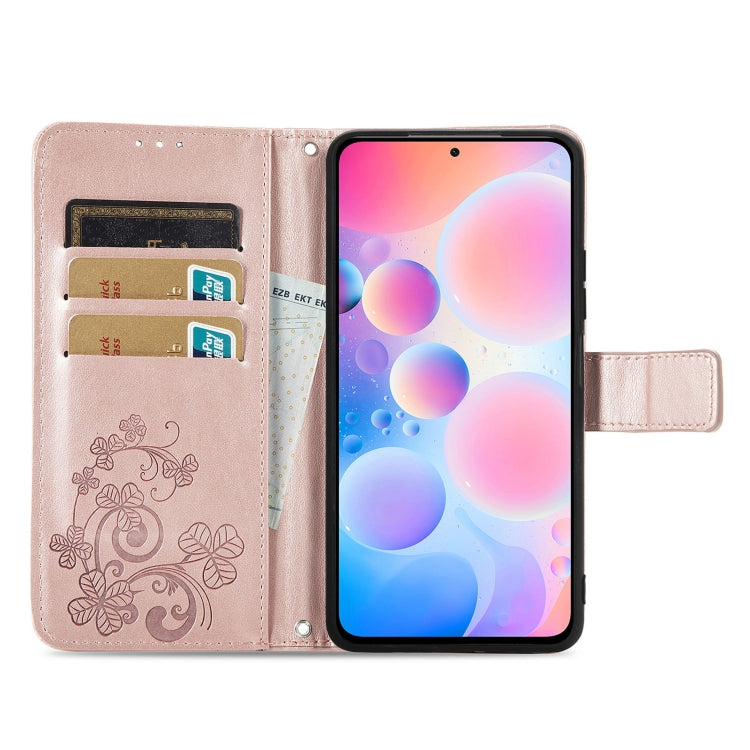 For Xiaomi Redmi K40 / K40 Pro Four-leaf Clasp Embossed Buckle Mobile Phone Protection Leather Case with Lanyard & Card Slot & Wallet & Bracket Function