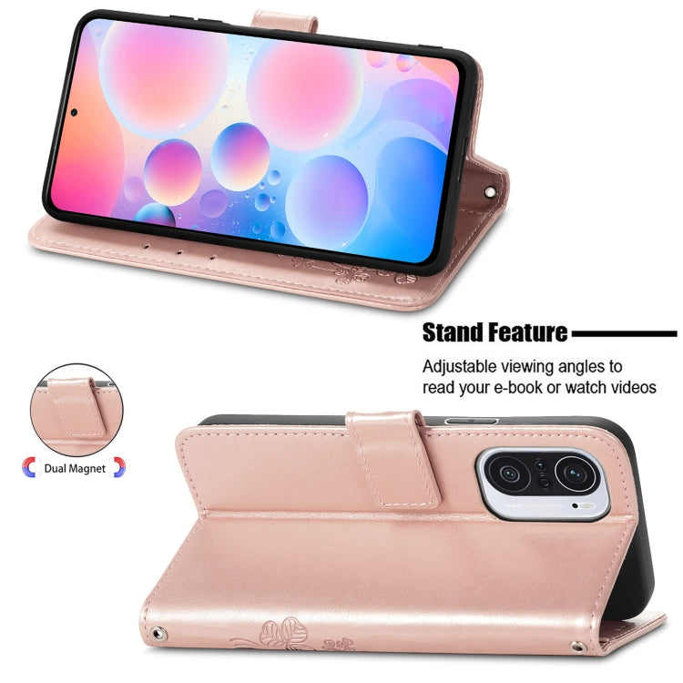 For Xiaomi Redmi K40 / K40 Pro Four-leaf Clasp Embossed Buckle Mobile Phone Protection Leather Case with Lanyard & Card Slot & Wallet & Bracket Function