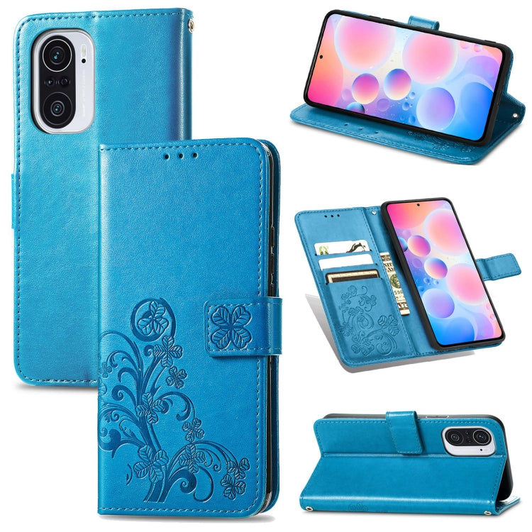 For Xiaomi Redmi K40 / K40 Pro Four-leaf Clasp Embossed Buckle Mobile Phone Protection Leather Case with Lanyard & Card Slot & Wallet & Bracket Function