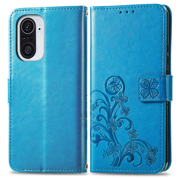 For Xiaomi Redmi K40 / K40 Pro Four-leaf Clasp Embossed Buckle Mobile Phone Protection Leather Case with Lanyard & Card Slot & Wallet & Bracket Function