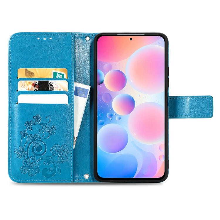 For Xiaomi Redmi K40 / K40 Pro Four-leaf Clasp Embossed Buckle Mobile Phone Protection Leather Case with Lanyard & Card Slot & Wallet & Bracket Function
