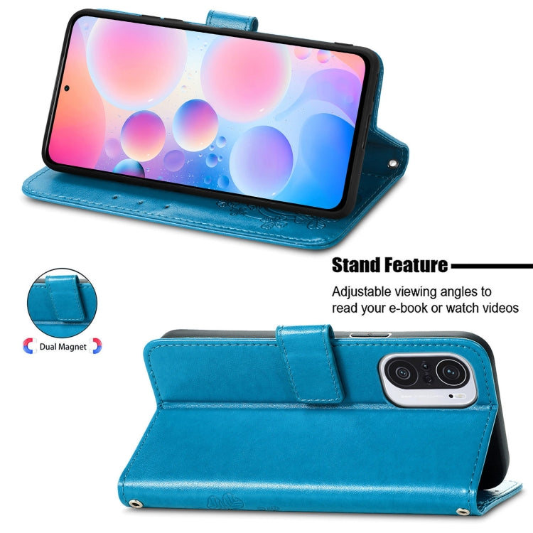 For Xiaomi Redmi K40 / K40 Pro Four-leaf Clasp Embossed Buckle Mobile Phone Protection Leather Case with Lanyard & Card Slot & Wallet & Bracket Function