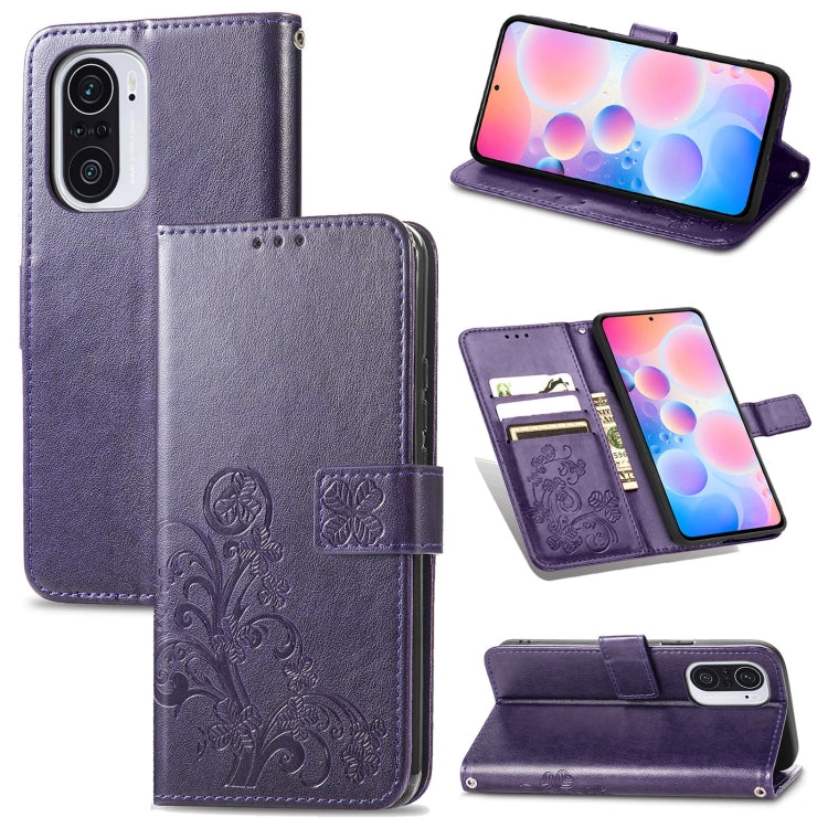 For Xiaomi Redmi K40 / K40 Pro Four-leaf Clasp Embossed Buckle Mobile Phone Protection Leather Case with Lanyard & Card Slot & Wallet & Bracket Function