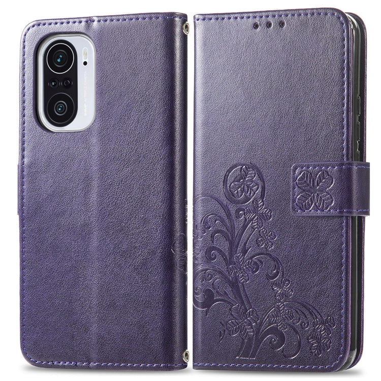 For Xiaomi Redmi K40 / K40 Pro Four-leaf Clasp Embossed Buckle Mobile Phone Protection Leather Case with Lanyard & Card Slot & Wallet & Bracket Function