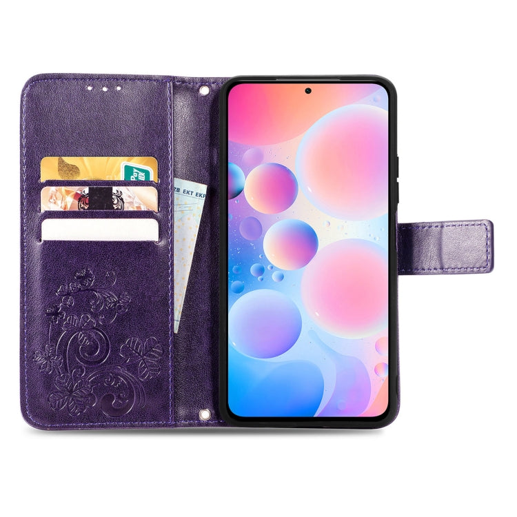 For Xiaomi Redmi K40 / K40 Pro Four-leaf Clasp Embossed Buckle Mobile Phone Protection Leather Case with Lanyard & Card Slot & Wallet & Bracket Function