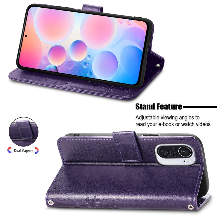 For Xiaomi Redmi K40 / K40 Pro Four-leaf Clasp Embossed Buckle Mobile Phone Protection Leather Case with Lanyard & Card Slot & Wallet & Bracket Function