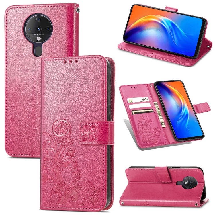For Tecno Spark 6 Four-leaf Clasp Embossed Buckle Mobile Phone Protection Leather Case with Lanyard & Card Slot & Wallet & Bracket Function