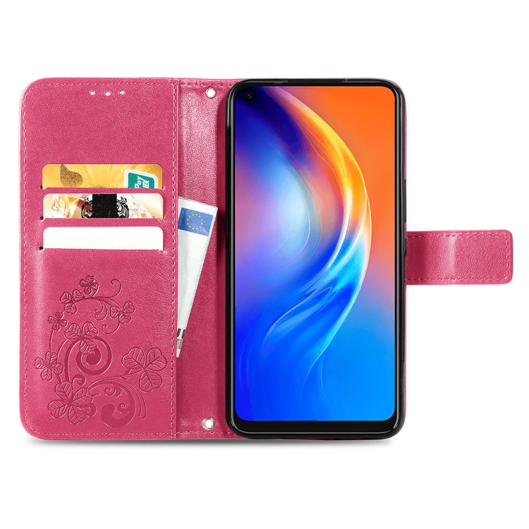 For Tecno Spark 6 Four-leaf Clasp Embossed Buckle Mobile Phone Protection Leather Case with Lanyard & Card Slot & Wallet & Bracket Function