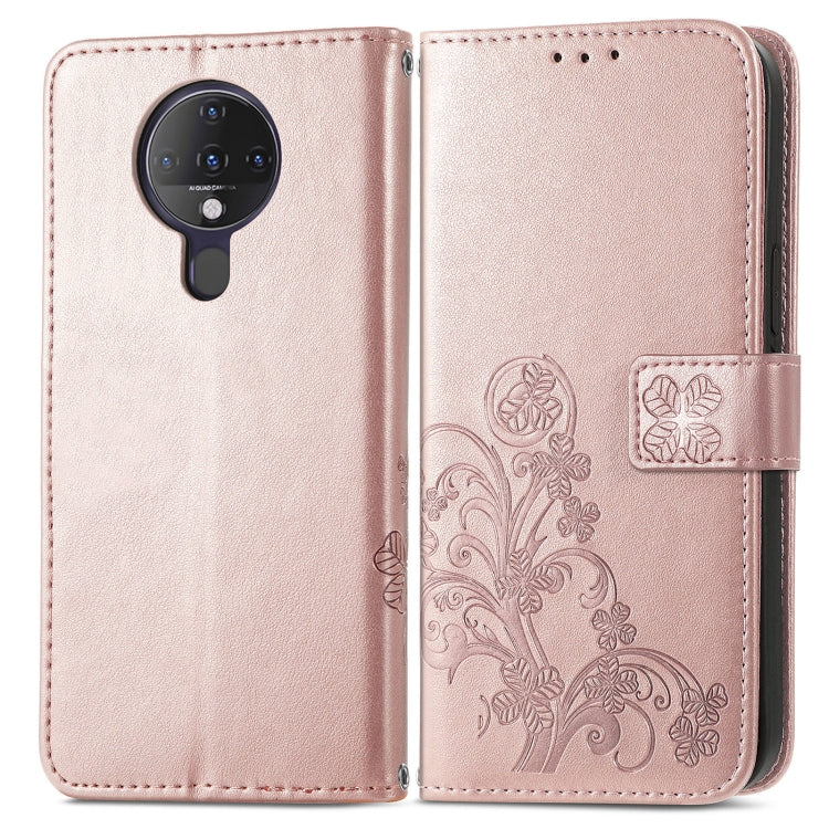 For Tecno Spark 6 Four-leaf Clasp Embossed Buckle Mobile Phone Protection Leather Case with Lanyard & Card Slot & Wallet & Bracket Function