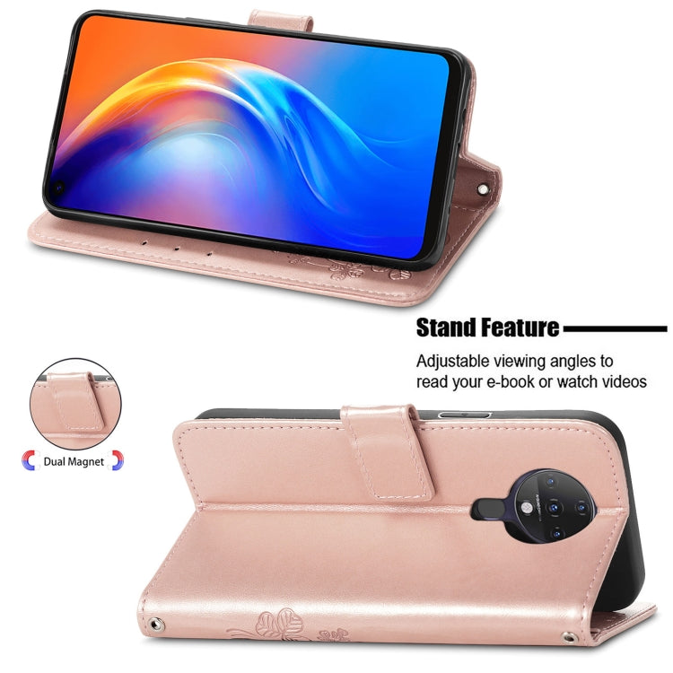 For Tecno Spark 6 Four-leaf Clasp Embossed Buckle Mobile Phone Protection Leather Case with Lanyard & Card Slot & Wallet & Bracket Function