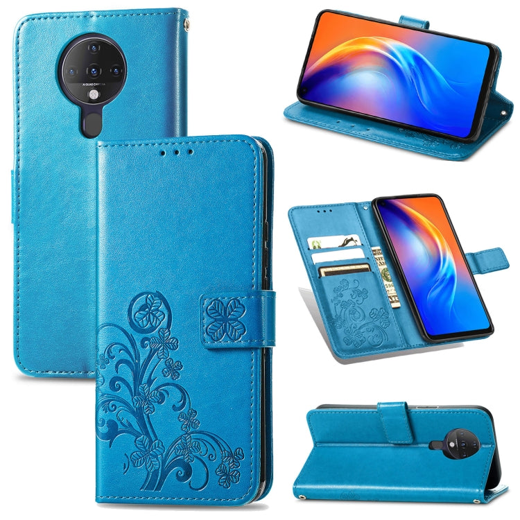 For Tecno Spark 6 Four-leaf Clasp Embossed Buckle Mobile Phone Protection Leather Case with Lanyard & Card Slot & Wallet & Bracket Function