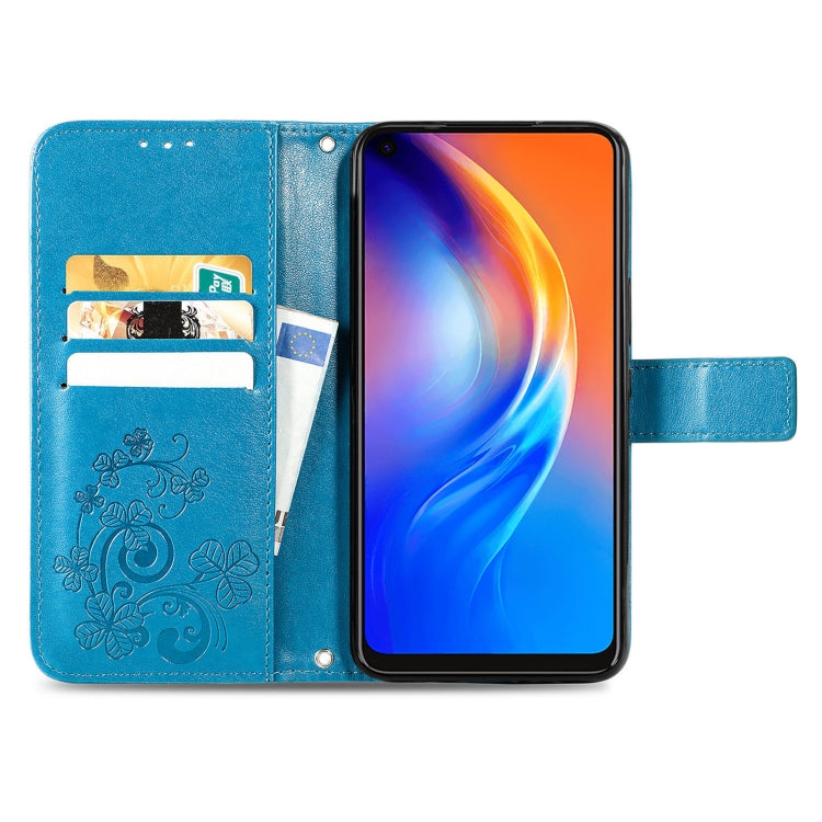 For Tecno Spark 6 Four-leaf Clasp Embossed Buckle Mobile Phone Protection Leather Case with Lanyard & Card Slot & Wallet & Bracket Function