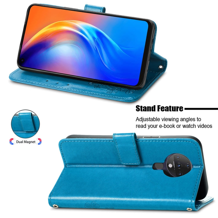 For Tecno Spark 6 Four-leaf Clasp Embossed Buckle Mobile Phone Protection Leather Case with Lanyard & Card Slot & Wallet & Bracket Function