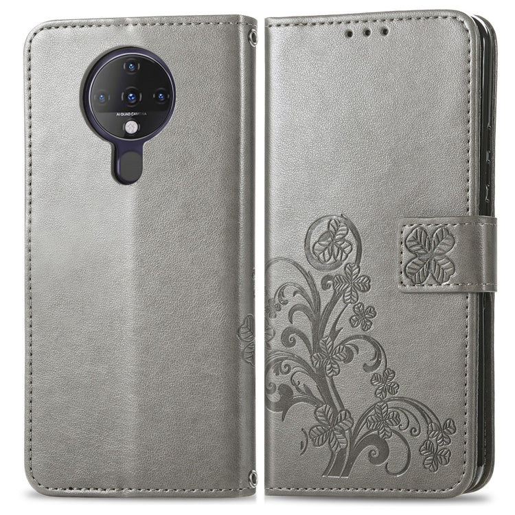 For Tecno Spark 6 Four-leaf Clasp Embossed Buckle Mobile Phone Protection Leather Case with Lanyard & Card Slot & Wallet & Bracket Function