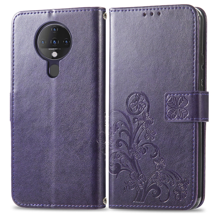 For Tecno Spark 6 Four-leaf Clasp Embossed Buckle Mobile Phone Protection Leather Case with Lanyard & Card Slot & Wallet & Bracket Function