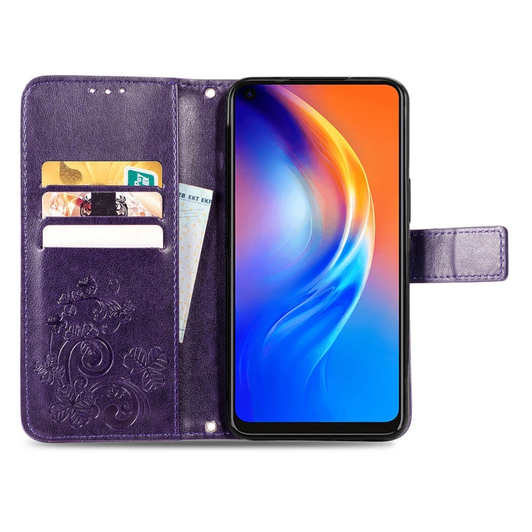 For Tecno Spark 6 Four-leaf Clasp Embossed Buckle Mobile Phone Protection Leather Case with Lanyard & Card Slot & Wallet & Bracket Function