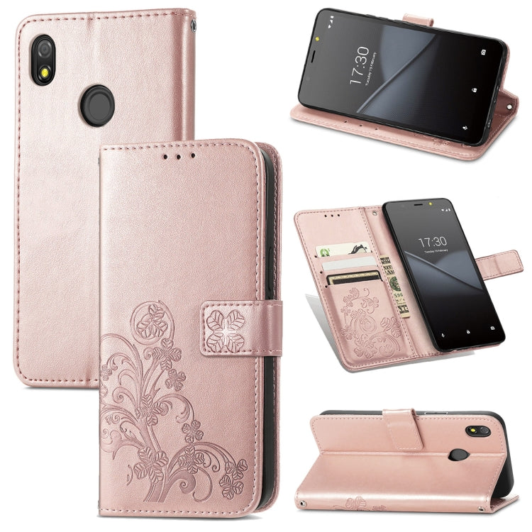 For Tecno Pop 3 Four-leaf Clasp Embossed Buckle Mobile Phone Protection Leather Case with Lanyard & Card Slot & Wallet & Bracket Function