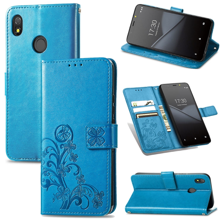 For Tecno Pop 3 Four-leaf Clasp Embossed Buckle Mobile Phone Protection Leather Case with Lanyard & Card Slot & Wallet & Bracket Function