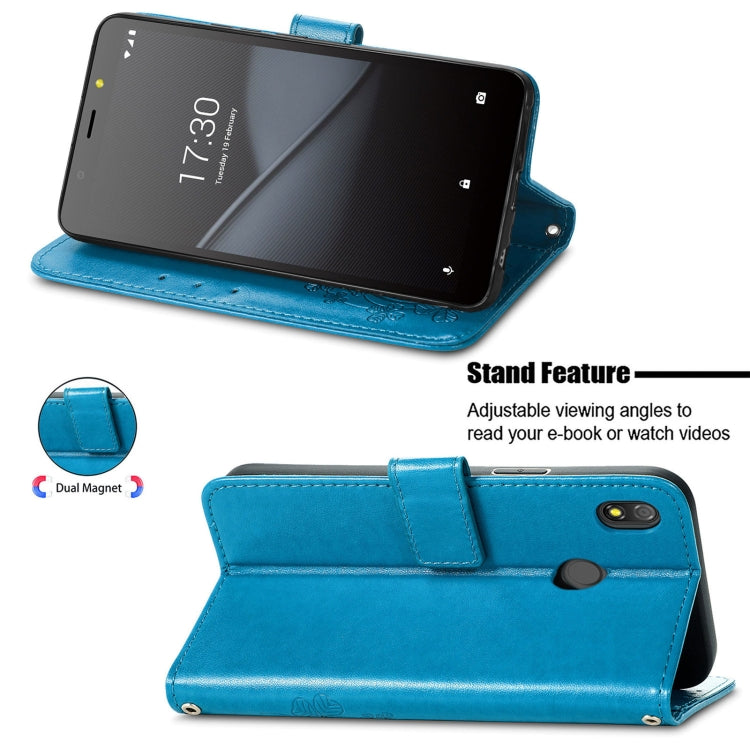 For Tecno Pop 3 Four-leaf Clasp Embossed Buckle Mobile Phone Protection Leather Case with Lanyard & Card Slot & Wallet & Bracket Function