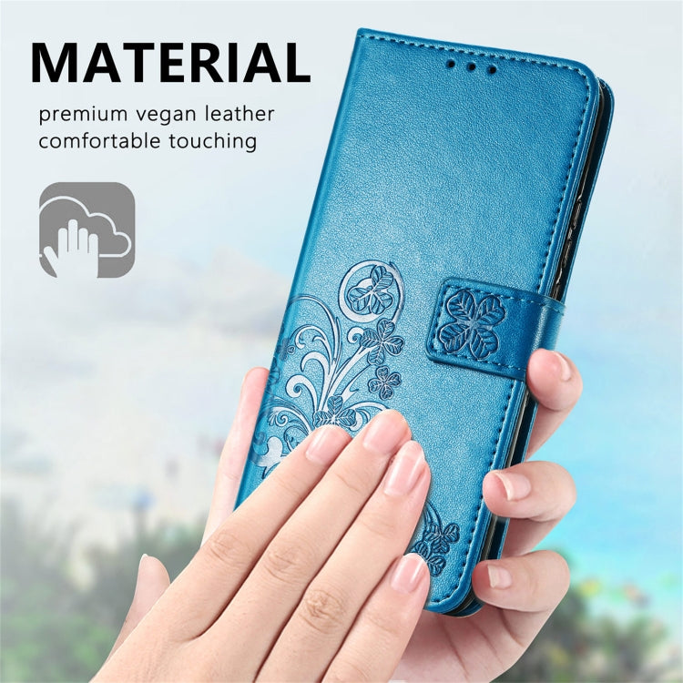 For Tecno Pop 3 Four-leaf Clasp Embossed Buckle Mobile Phone Protection Leather Case with Lanyard & Card Slot & Wallet & Bracket Function
