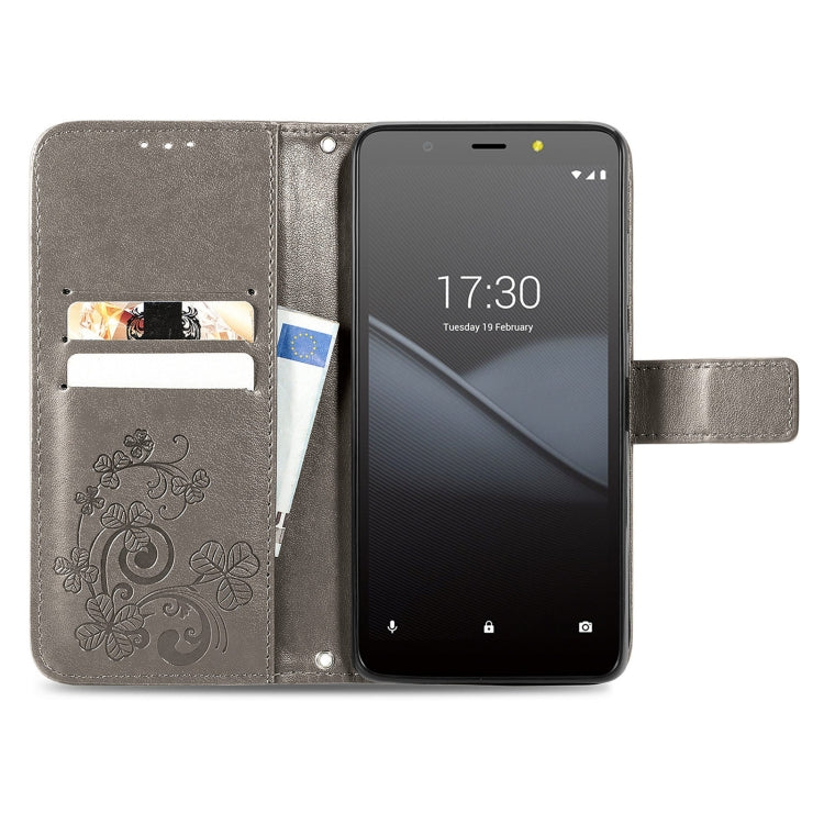 For Tecno Pop 3 Four-leaf Clasp Embossed Buckle Mobile Phone Protection Leather Case with Lanyard & Card Slot & Wallet & Bracket Function