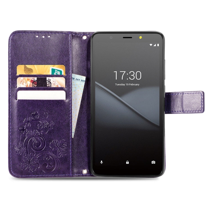 For Tecno Pop 3 Four-leaf Clasp Embossed Buckle Mobile Phone Protection Leather Case with Lanyard & Card Slot & Wallet & Bracket Function