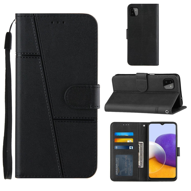 For Samsung Galaxy A22 5G Stitching Calf Pattern Buckle Card Wallet with Flip Phone Holster with Lanyard Bracket Function