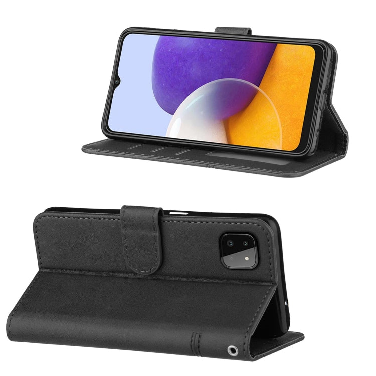 For Samsung Galaxy A22 5G Stitching Calf Pattern Buckle Card Wallet with Flip Phone Holster with Lanyard Bracket Function
