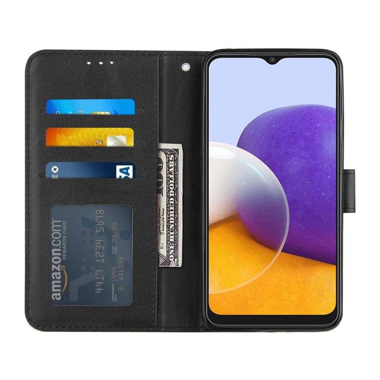 For Samsung Galaxy A22 5G Stitching Calf Pattern Buckle Card Wallet with Flip Phone Holster with Lanyard Bracket Function