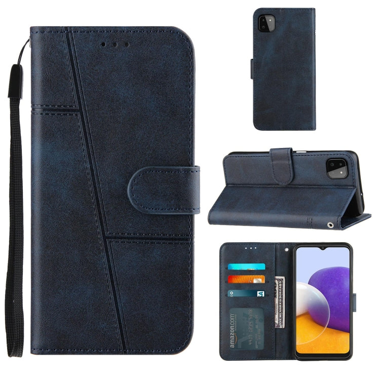 For Samsung Galaxy A22 5G Stitching Calf Pattern Buckle Card Wallet with Flip Phone Holster with Lanyard Bracket Function