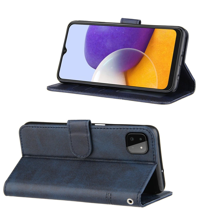 For Samsung Galaxy A22 5G Stitching Calf Pattern Buckle Card Wallet with Flip Phone Holster with Lanyard Bracket Function
