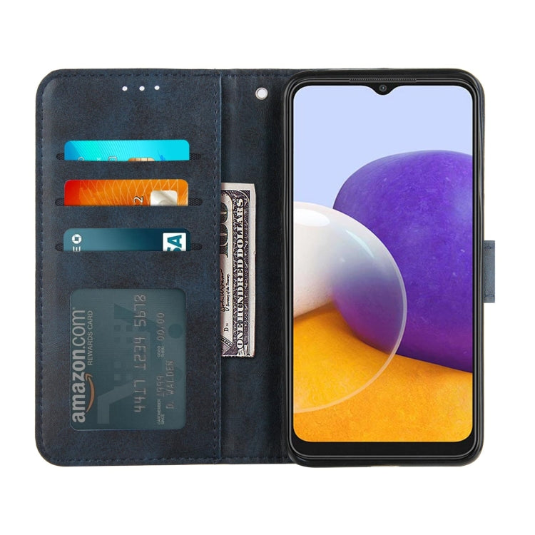 For Samsung Galaxy A22 5G Stitching Calf Pattern Buckle Card Wallet with Flip Phone Holster with Lanyard Bracket Function