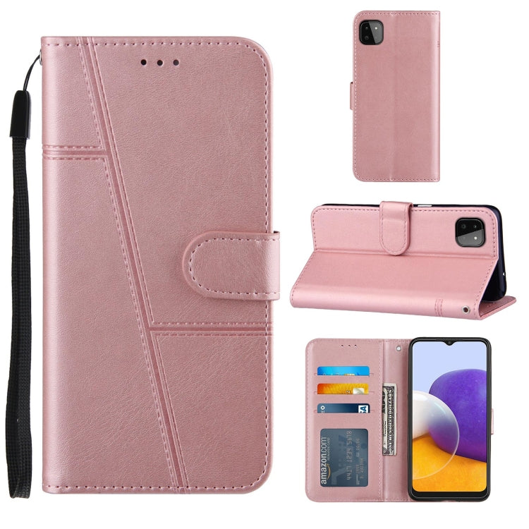 For Samsung Galaxy A22 5G Stitching Calf Pattern Buckle Card Wallet with Flip Phone Holster with Lanyard Bracket Function