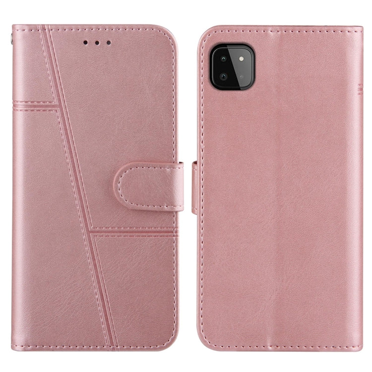 For Samsung Galaxy A22 5G Stitching Calf Pattern Buckle Card Wallet with Flip Phone Holster with Lanyard Bracket Function