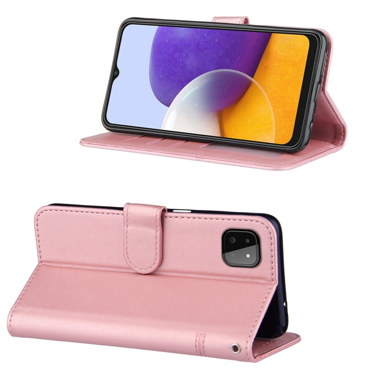 For Samsung Galaxy A22 5G Stitching Calf Pattern Buckle Card Wallet with Flip Phone Holster with Lanyard Bracket Function