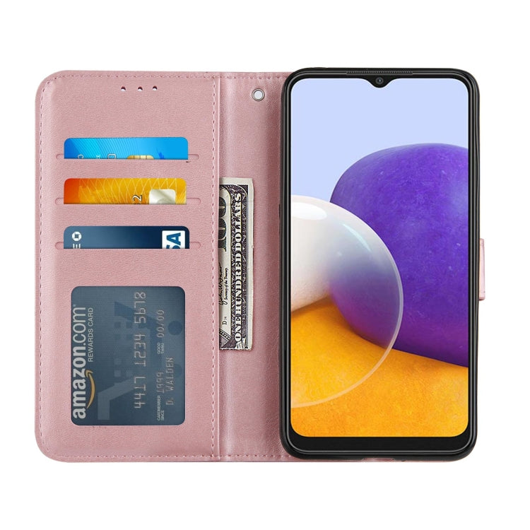 For Samsung Galaxy A22 5G Stitching Calf Pattern Buckle Card Wallet with Flip Phone Holster with Lanyard Bracket Function