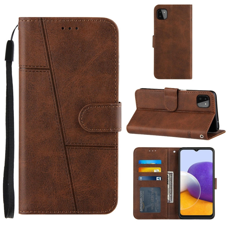For Samsung Galaxy A22 5G Stitching Calf Pattern Buckle Card Wallet with Flip Phone Holster with Lanyard Bracket Function