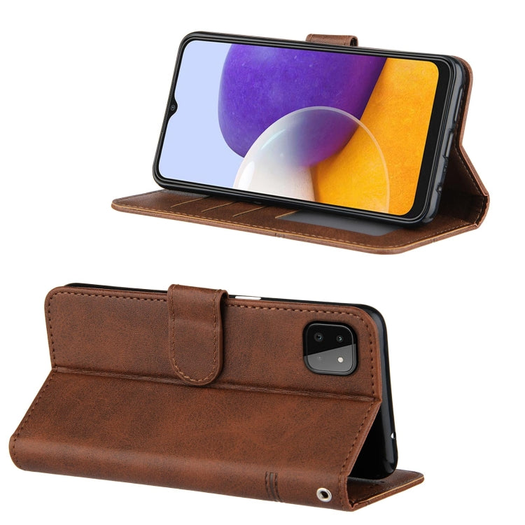 For Samsung Galaxy A22 5G Stitching Calf Pattern Buckle Card Wallet with Flip Phone Holster with Lanyard Bracket Function