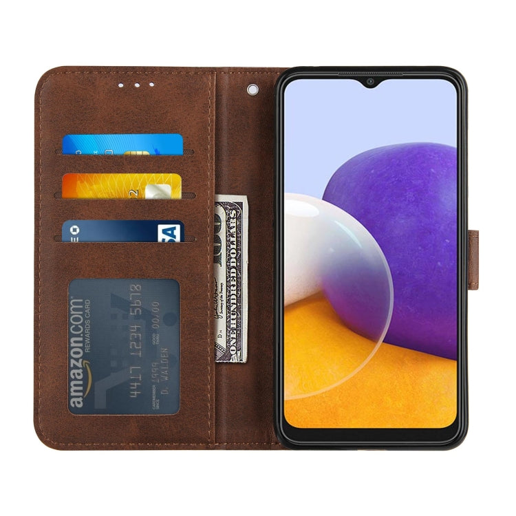 For Samsung Galaxy A22 5G Stitching Calf Pattern Buckle Card Wallet with Flip Phone Holster with Lanyard Bracket Function