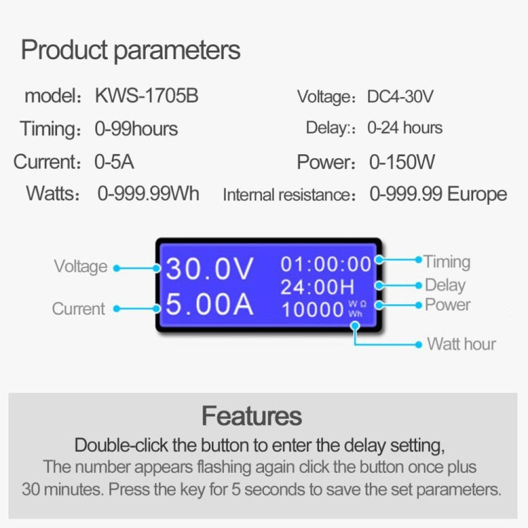 KWS-1705B USB Digital Display Current Voltage Tester, DC 4-30V, 0-5A, 0-150W