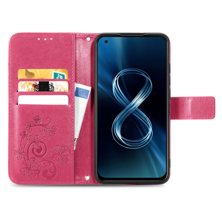 For Asus Zenfone 8 ZS590KS Four-leaf Clasp Embossed Buckle Mobile Phone Protection Leather Case with Lanyard & Card Slot & Wallet & Bracket Function