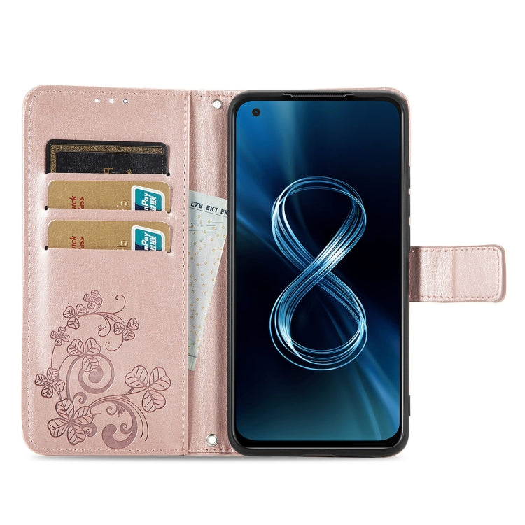 For Asus Zenfone 8 ZS590KS Four-leaf Clasp Embossed Buckle Mobile Phone Protection Leather Case with Lanyard & Card Slot & Wallet & Bracket Function