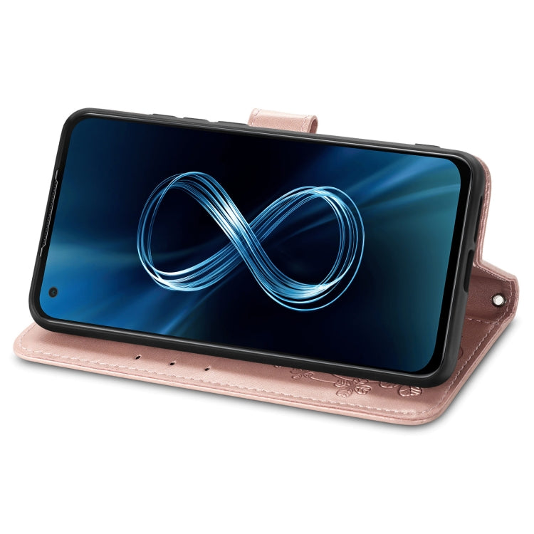 For Asus Zenfone 8 ZS590KS Four-leaf Clasp Embossed Buckle Mobile Phone Protection Leather Case with Lanyard & Card Slot & Wallet & Bracket Function