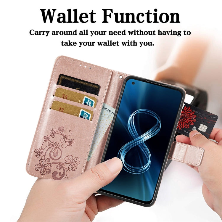 For Asus Zenfone 8 ZS590KS Four-leaf Clasp Embossed Buckle Mobile Phone Protection Leather Case with Lanyard & Card Slot & Wallet & Bracket Function