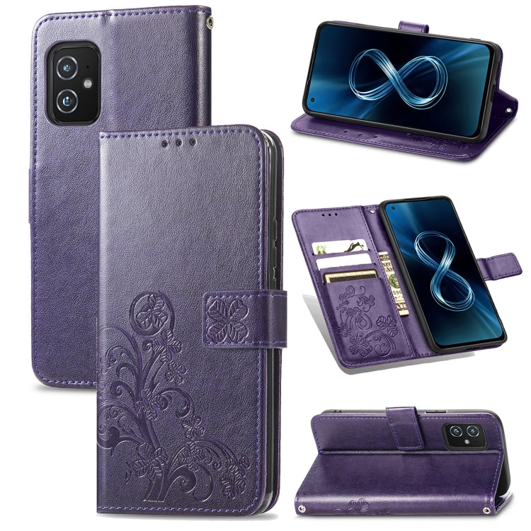 For Asus Zenfone 8 ZS590KS Four-leaf Clasp Embossed Buckle Mobile Phone Protection Leather Case with Lanyard & Card Slot & Wallet & Bracket Function