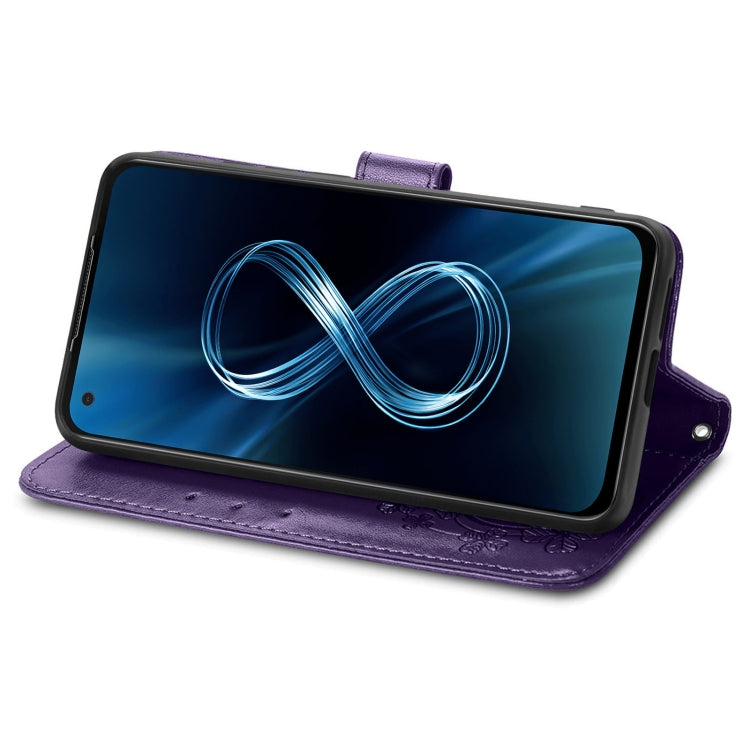 For Asus Zenfone 8 ZS590KS Four-leaf Clasp Embossed Buckle Mobile Phone Protection Leather Case with Lanyard & Card Slot & Wallet & Bracket Function