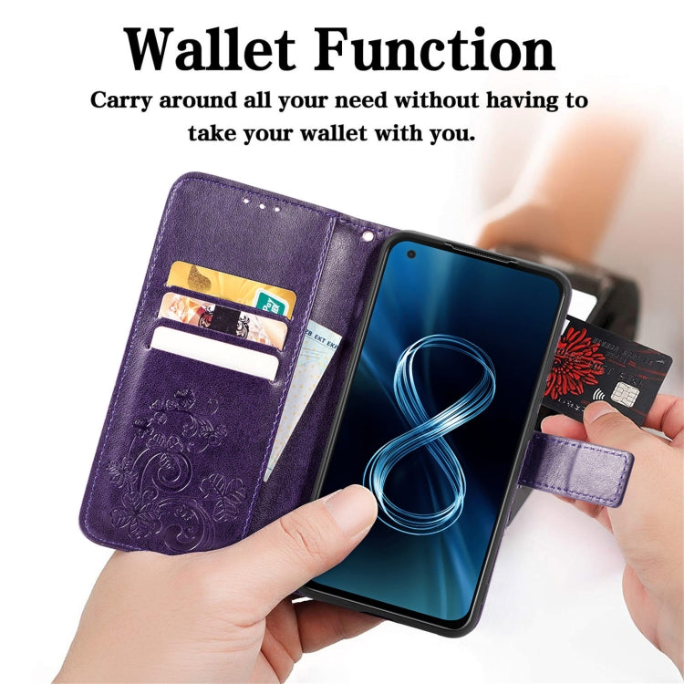 For Asus Zenfone 8 ZS590KS Four-leaf Clasp Embossed Buckle Mobile Phone Protection Leather Case with Lanyard & Card Slot & Wallet & Bracket Function