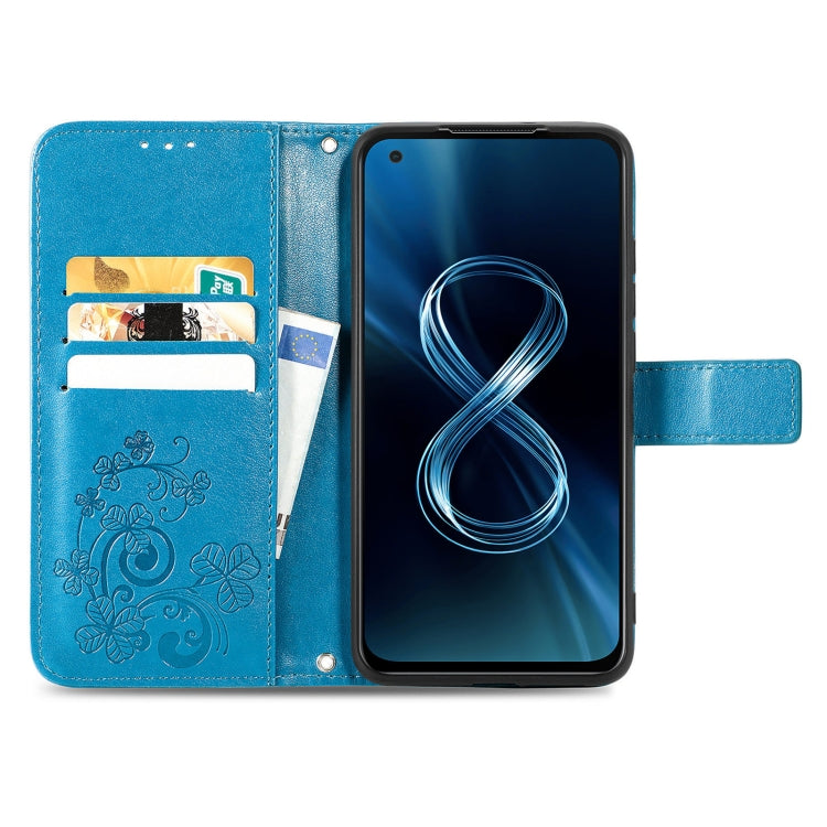For Asus Zenfone 8 ZS590KS Four-leaf Clasp Embossed Buckle Mobile Phone Protection Leather Case with Lanyard & Card Slot & Wallet & Bracket Function