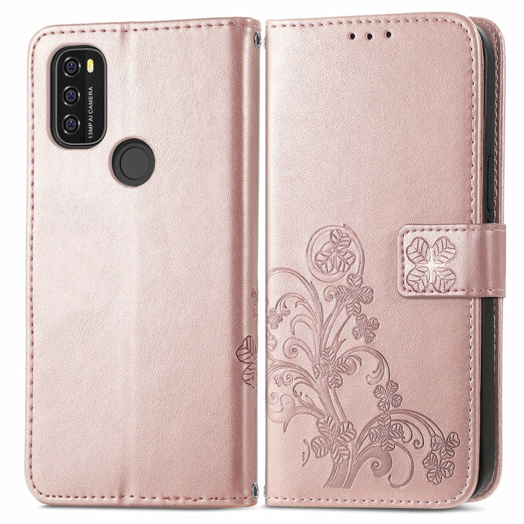 For Blackview A70 Four-leaf Clasp Embossed Buckle Mobile Phone Protection Leather Case with Lanyard & Card Slot & Wallet & Bracket Function